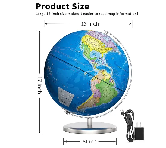 World Globe Illuminated Educational Globes with Printed Map for Kids Classroom Learning LED Globe Lamp with Stable Metal Base