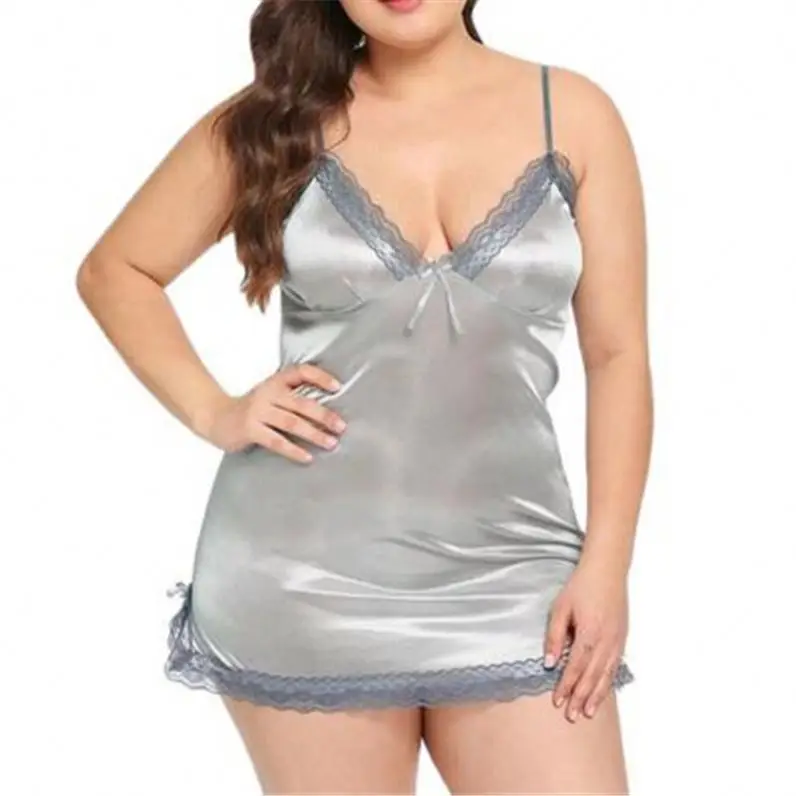 Plus Size Womens Sleepwear Lingerie Nightdress Ladies Underwear Sexy Satin Sleepwear Pijama R1349