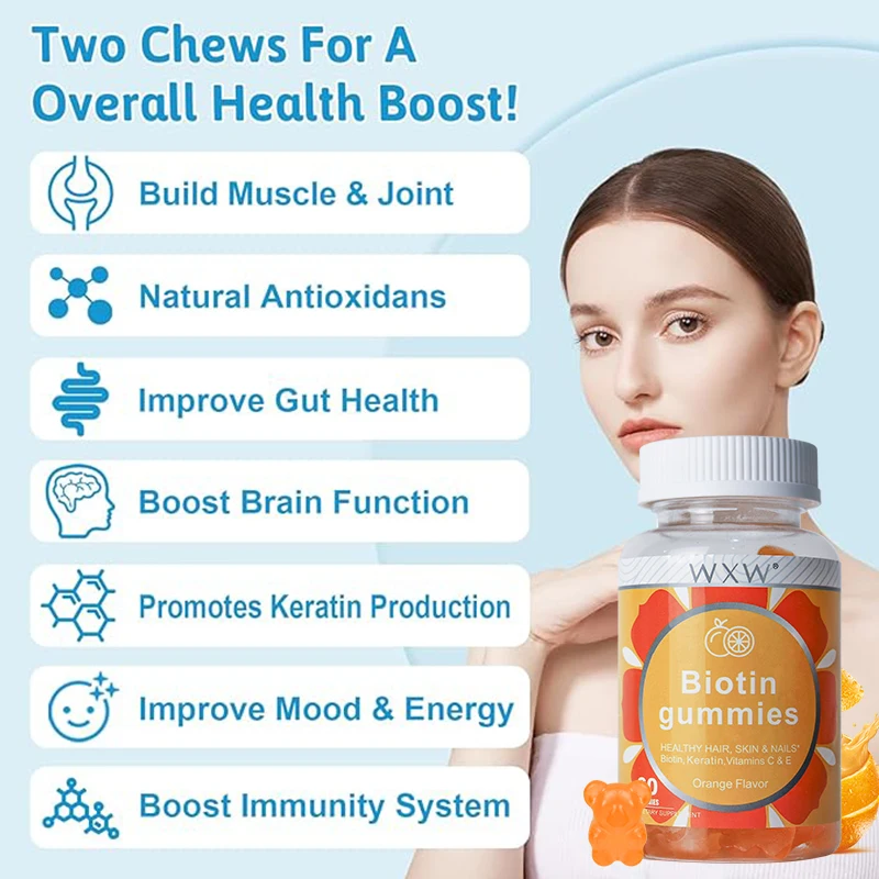 WXW Hot Sale Biotin Gummies For Skin Pectin Biotin Gummies Support Hair & Nails Health In Stock