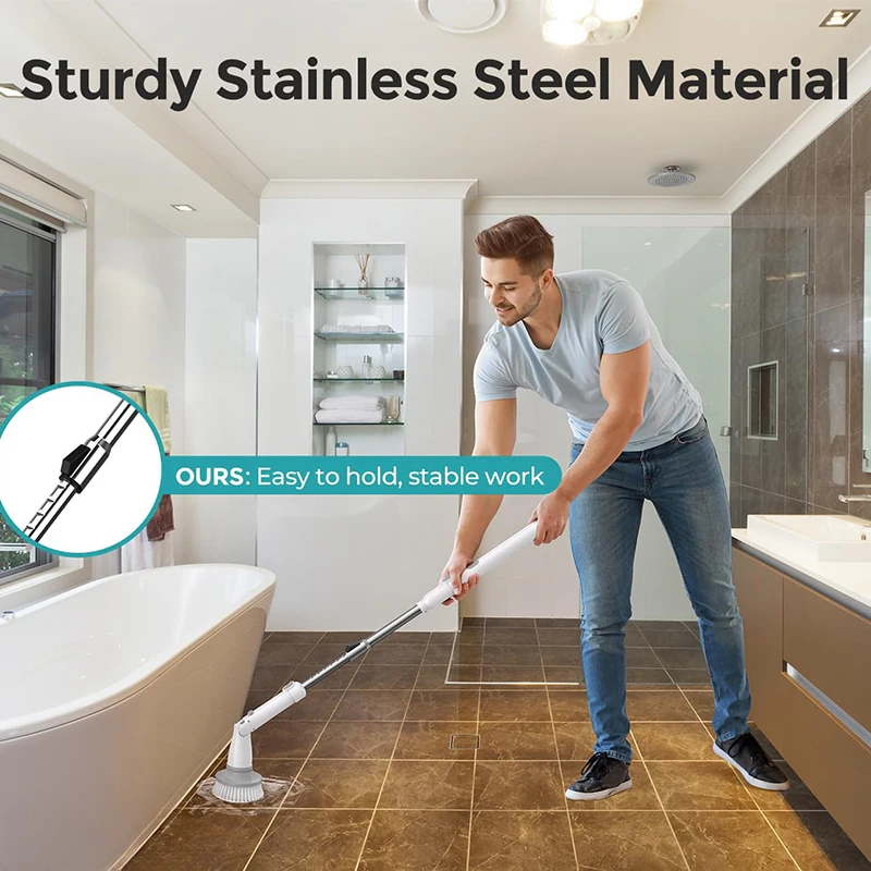 360 Degrees Electric Spin Scrubber Handle for Washing Bathroom Tile Floor Electric Spin Scrubber Silicone Spin Cleaning Brush