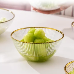 Wholesale European Popular Round Glass Bowl Set Vertical Stripped Bowl with Gold Rim for fruit dessert salad noodles