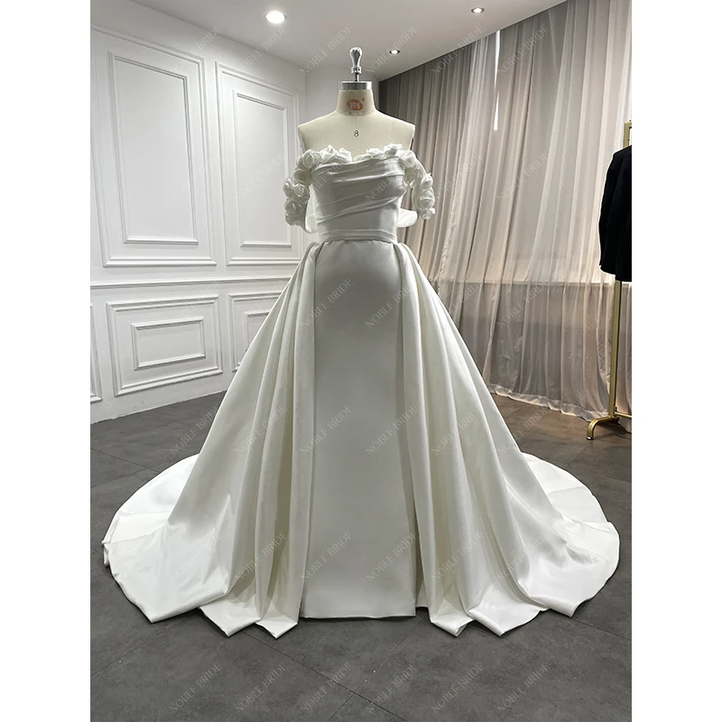 Women Stretchy Mikado Minimalist Mermaid Gown with Detachable Royal Train Bridal 2 in 1 3D Flower Off Shoulder Wedding Dresses