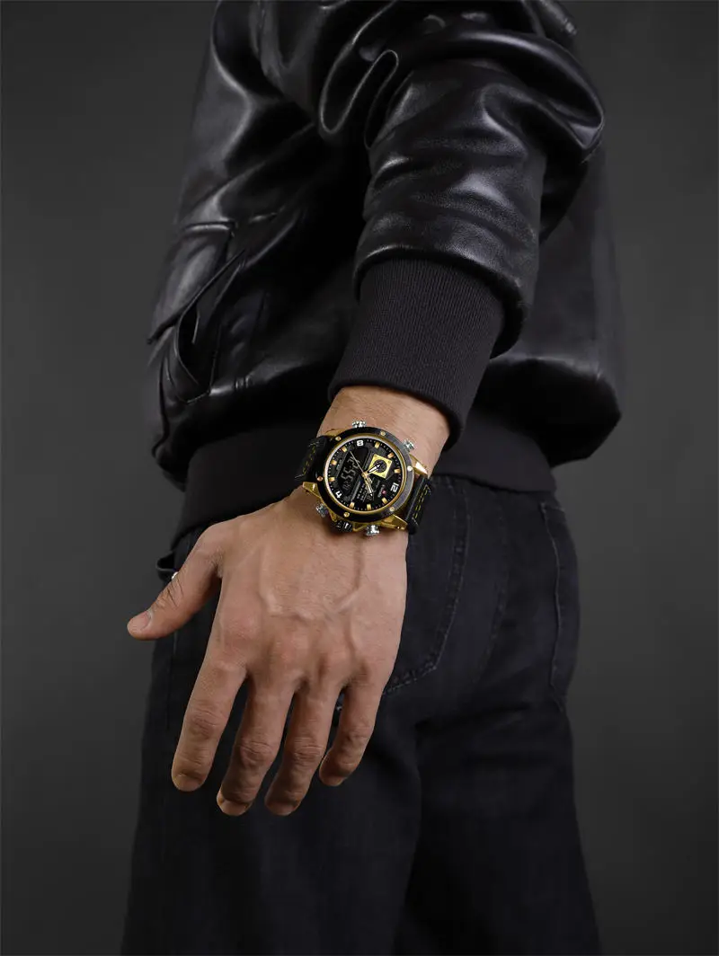 Naviforce NF9236 fashion men digital watch original Genuine Leather Strap water resist double display storage business watch set