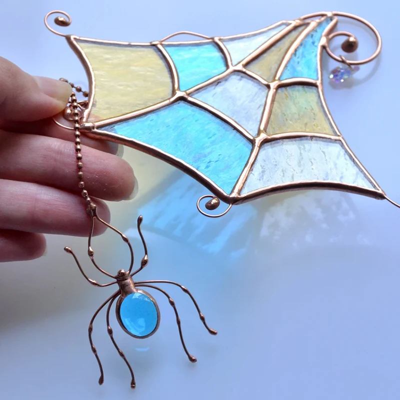 Custom Stained Glass Spider Web Suncatcher Fall Decor  Window Hangings Handcrafted Autumn Decoration