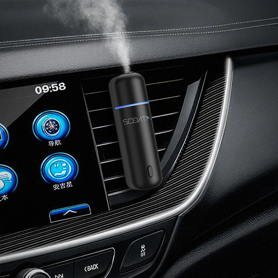 SCENTA Wholesale Electric Car Air Freshener Mini Ultrasonic Ce Fragrance Oil Black Waterless Aroma Diffuser with Vent Clip