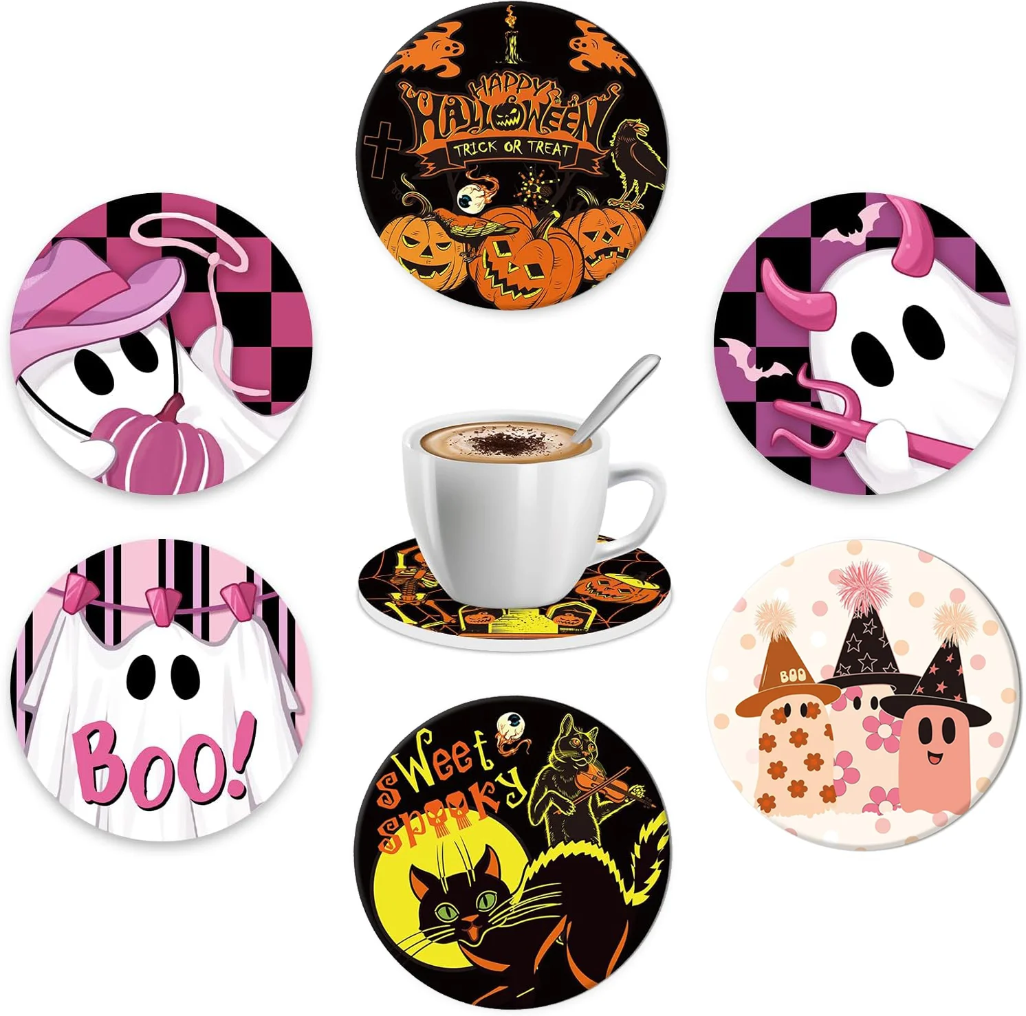 Halloween Sublimation 4.25Inch Round Ceramic Coaster with Cork Round Square Absorbent Coaster Base for Tabletop Protection