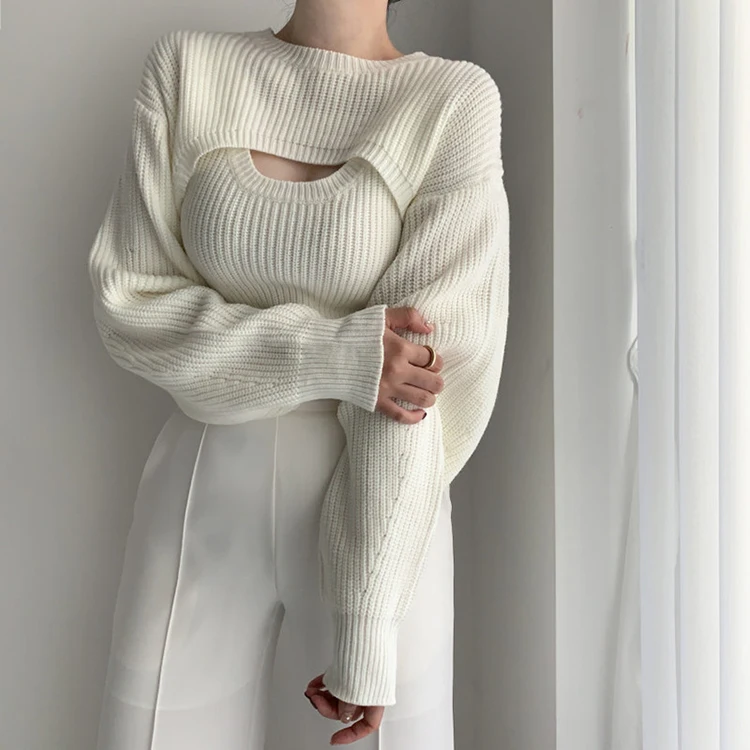 Wholesale Women Solid Color 2 piece Set Knit Vest + Smock Long Sleeve Short Tops Autumn Winter Elegant Sweater Casual Sweater