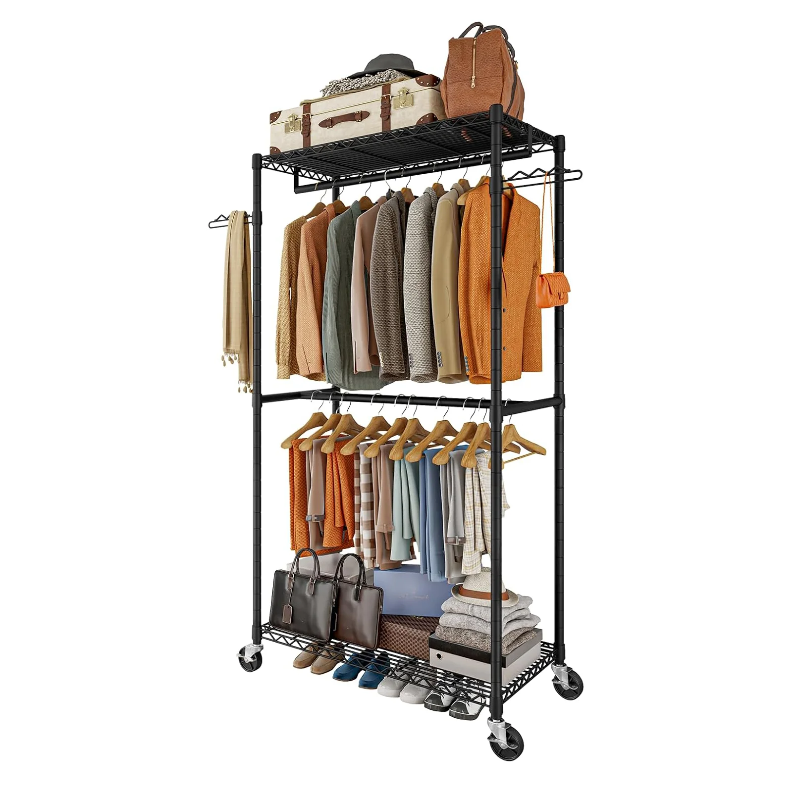 Portable clothes hanger suitable for bedrooms bathrooms and shopping malls with two racks and two hanging rods