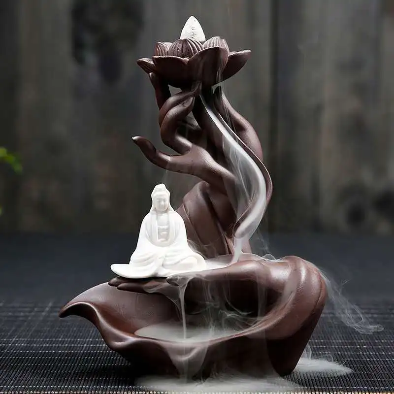 Hot sale Zen buddha hand lotus waterfall agarwood Ceramic backflow incense burner