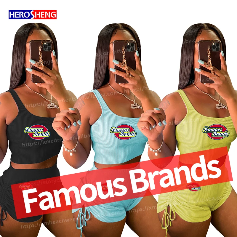 
Wholesale Famous Brand women solid color halter casual sportwear summer women outfits 2 piece set 