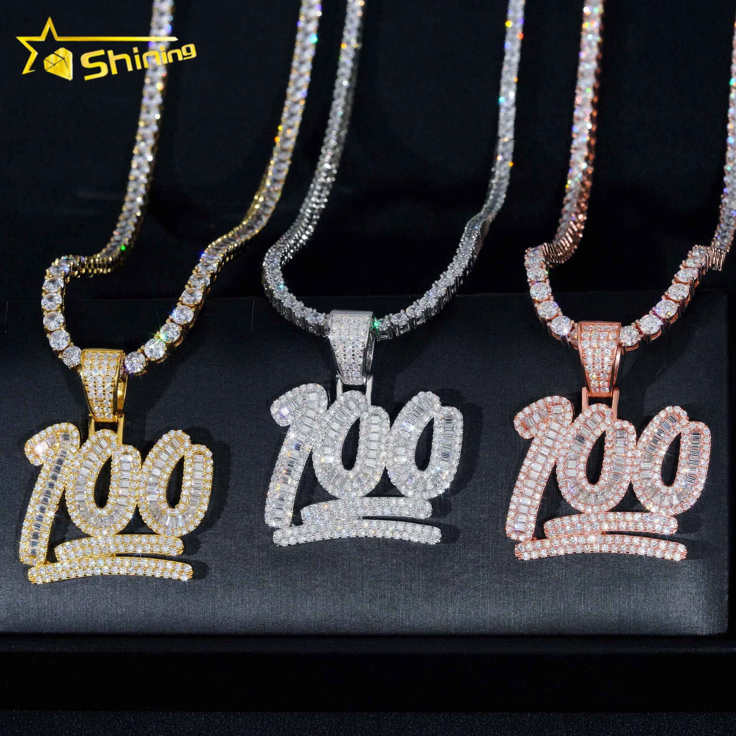 Pass Diamond Tester 925 Sterling Silver Gold Plated Diamond Number 100 Custom Made Iced Out Moissanite Pendant Hip Hop Jewelry