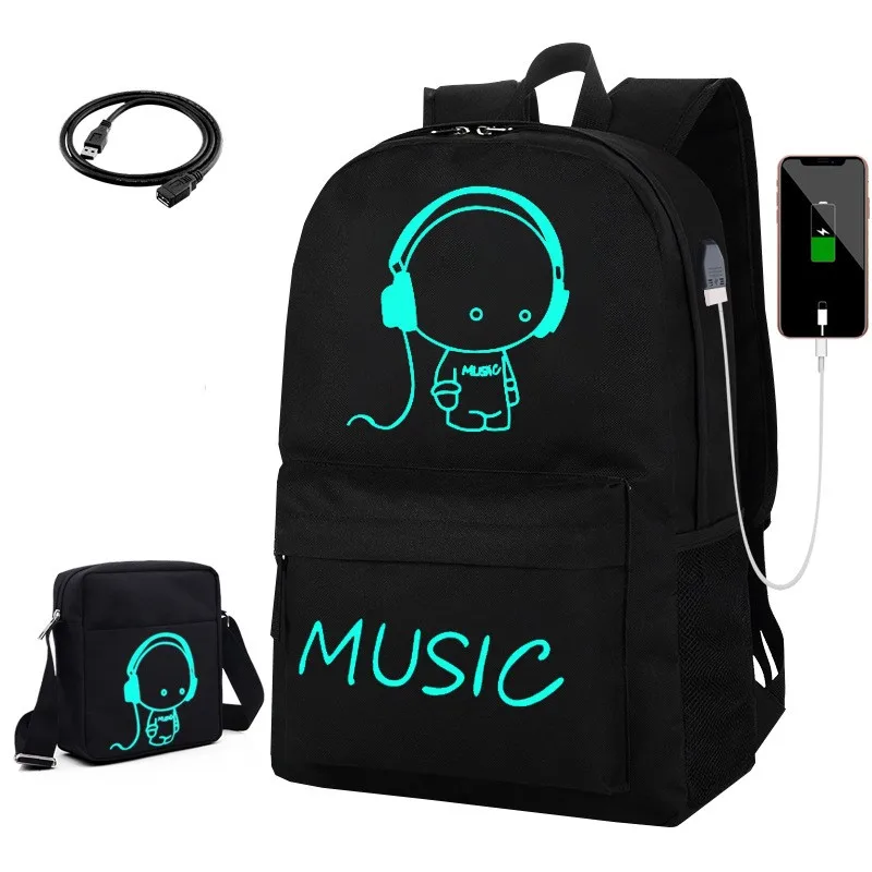 Factory Customised Glow-In-The-Dark Student School Bag Laptop Bag Chest Bag Two-Piece Sets With Charging Cable