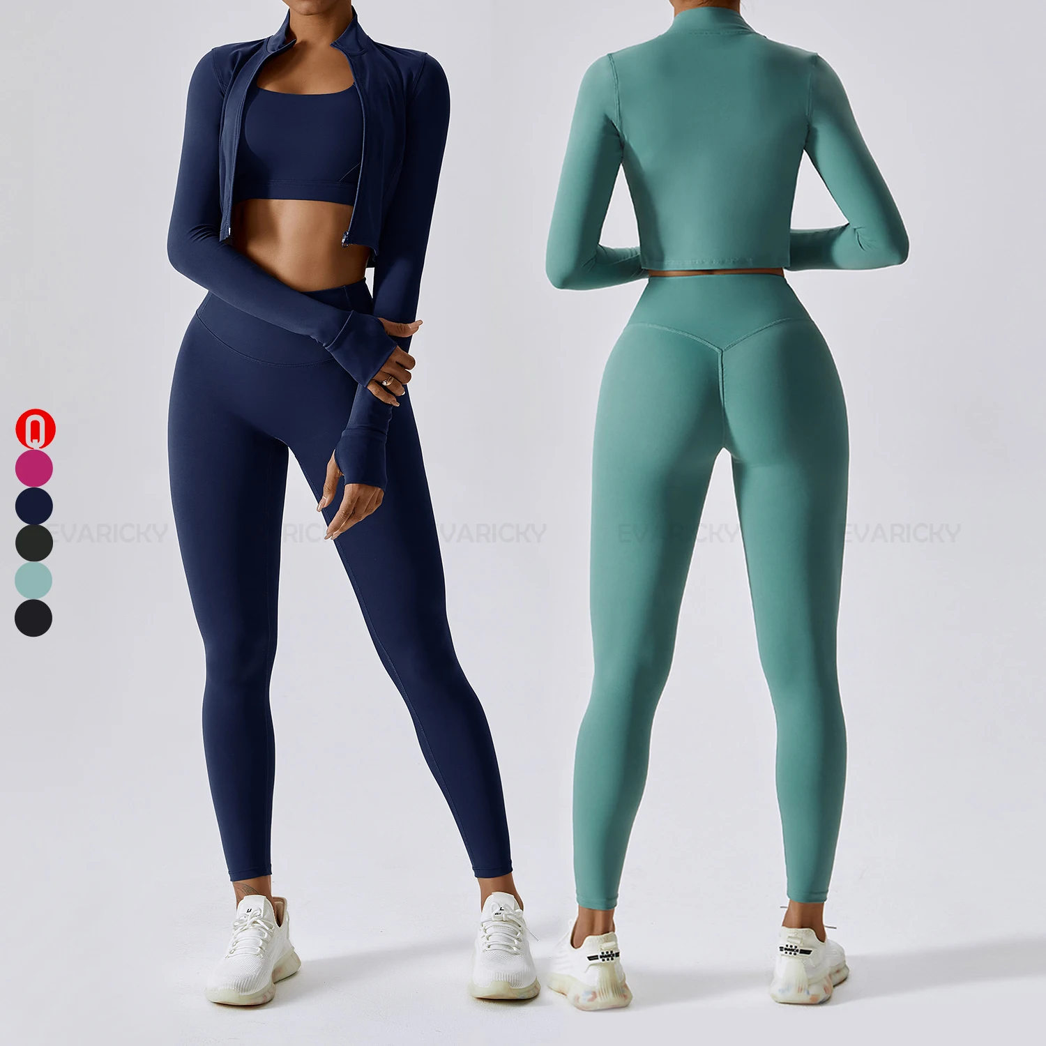 Custom Women Clothes Yoga Pants Long Sleeve Crop Top Cross Back Sports Bra 3 Piece Tracksuit Gym Fitness Sports Set For Women