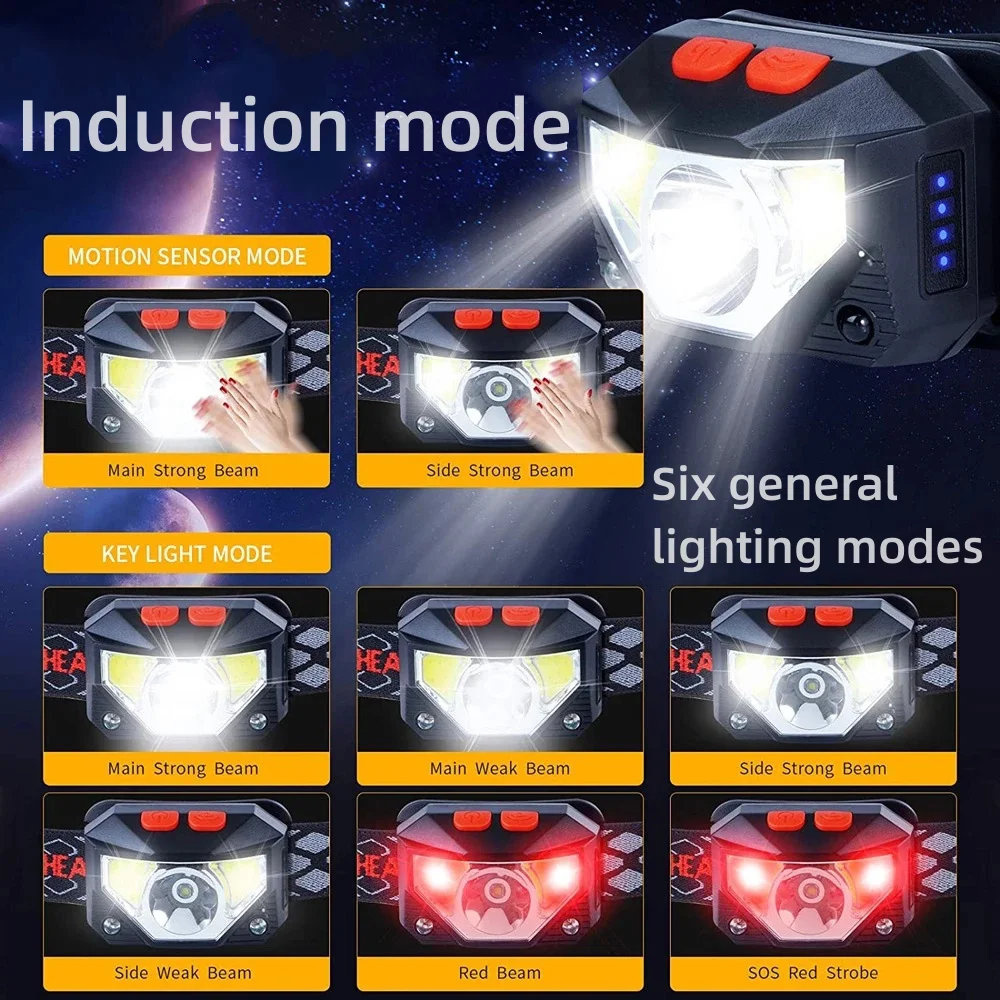 USB Rechargeable COB Outdoor LED Headlamp With Motion Sensor Function Super Bright 6 Modes Red Light Headlight