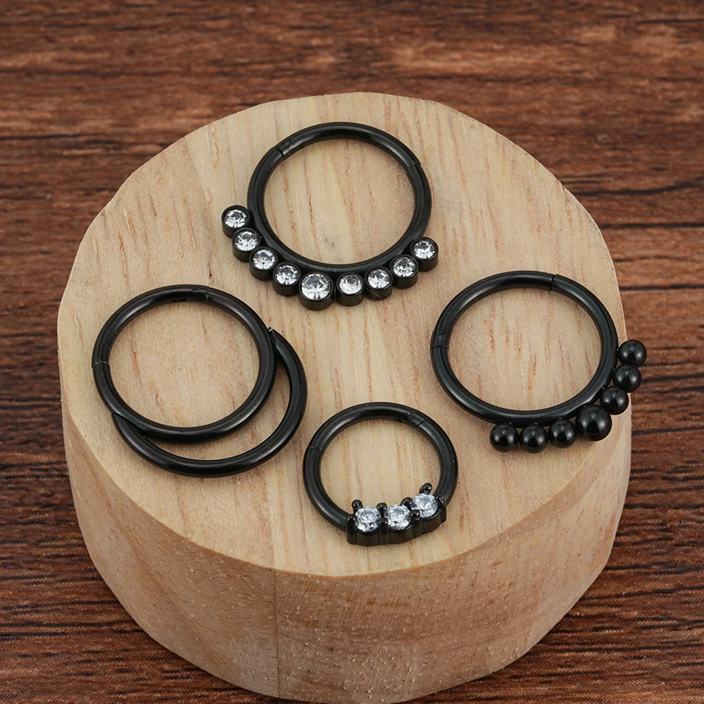 Black Hinged Segment Ring Septum Gemmed Clickers Nose Piercing Jewelry