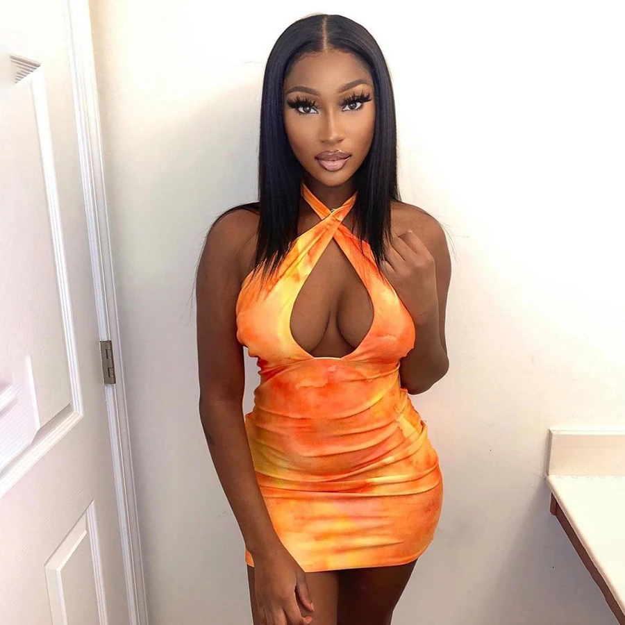 
K21D01698 Trend Cross Halter Tie Dye Backless Sundress 2021 Summer Sexy Seeveless Mini Dress Women 