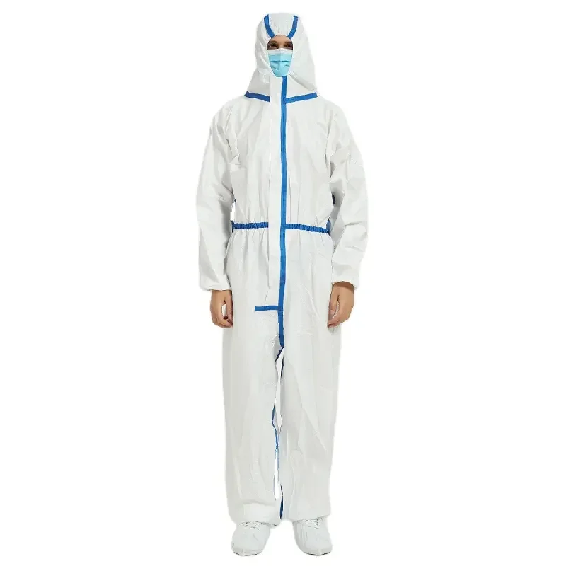 White Sms Coveral with Hood Medical Microporous Disposable Coverall Chemical Non Woven Protective Full Body Disposable PE Blue