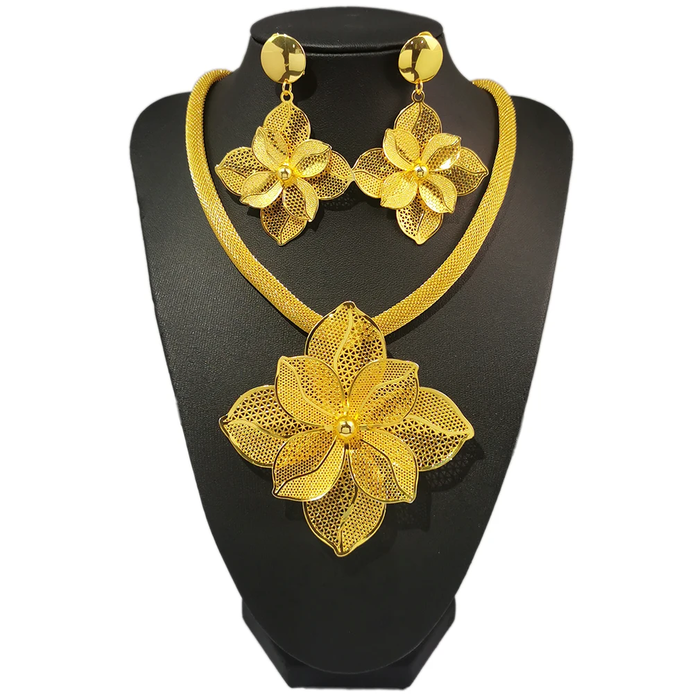 3pcs Earrings Plus Necklace Dupes Luxury Jewelry Set Trendy Flower Design Plated Match Daily Outfits Party Accessories