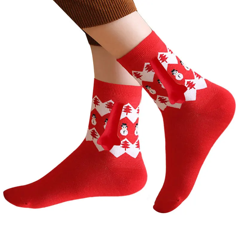 Autumn Winter Knit Snowflake Snowman Reindeer Magnetic Holding Hands Christmas Socks