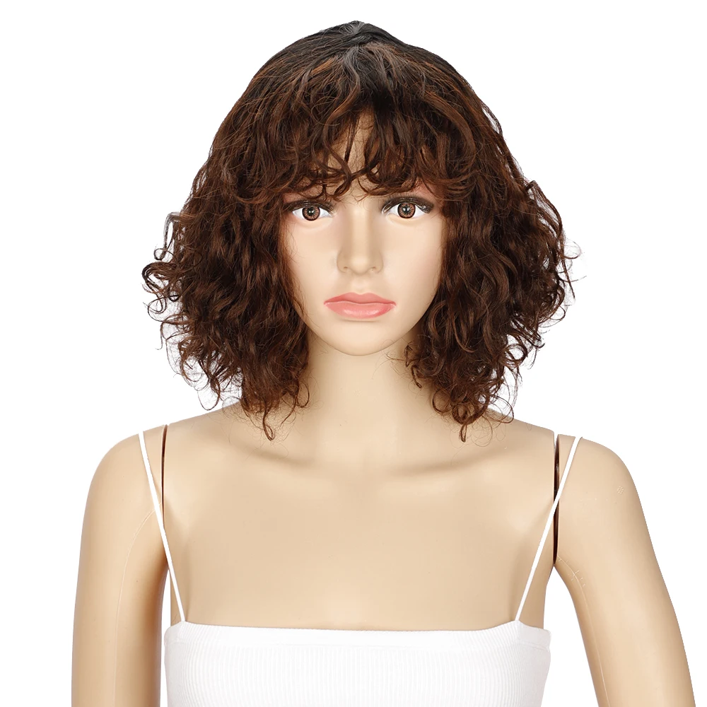 Rebecca Short Wigs for Black Women Curly Afro Kinky Wavy Wig with Bangs Black Natural Looking Synthetic Hair Replacement Wigs