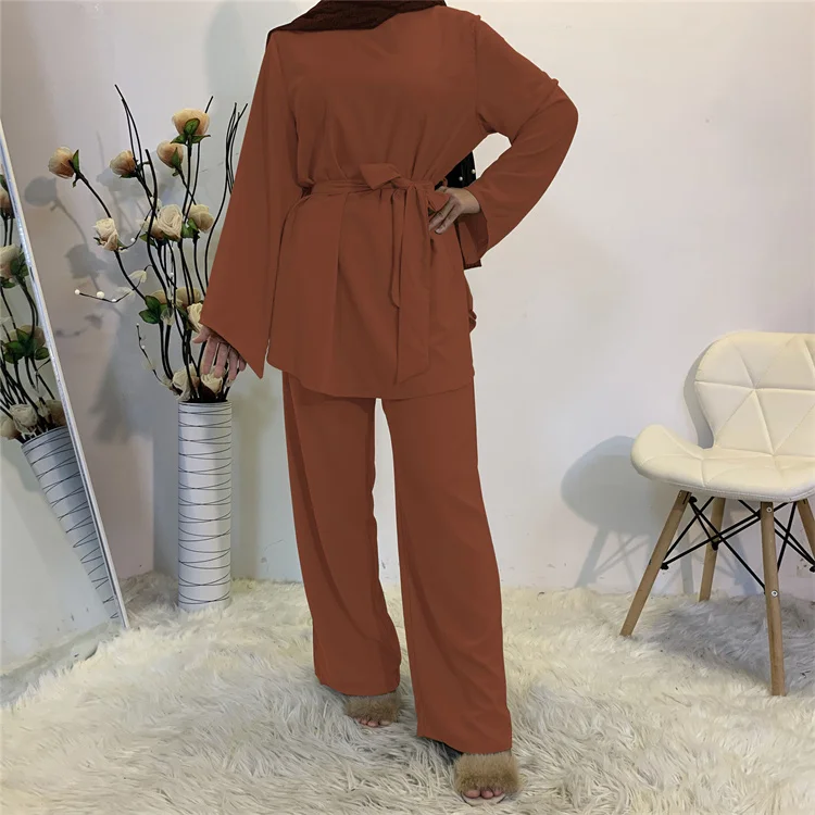 Wholesale Arabian Muslim Fashion Women Two Piece Suit Islamic Elegant Long Sleeve Clothes Prayer Muslim Sets Pants