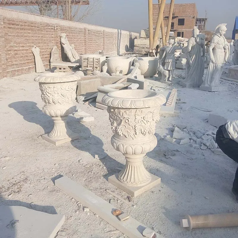 Newly fabricated stone flower pots hand carved marble vase garden decorative white marble urn planters for sale
