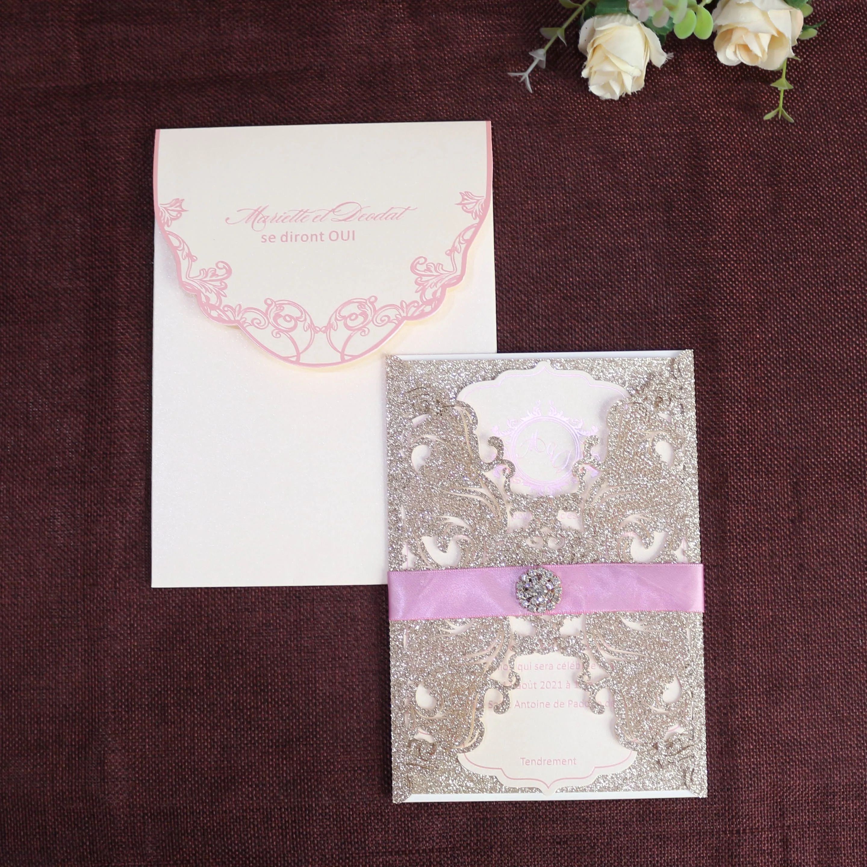 Costom Luxury Laser Cut Wedding Invitations with Buckle RSVP cards birthday invitation cards wishing well cards