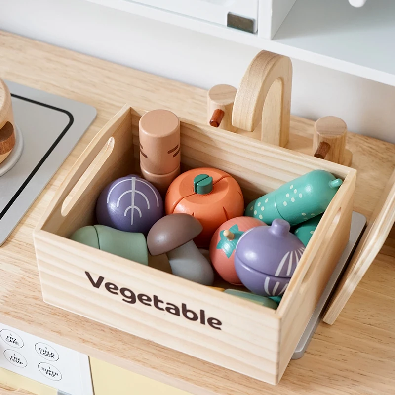 Newest Toddlers Montessori Educational Wooden Kitchen Play Food Sets Wood Box Vegetable Fruit Cutting Toys
