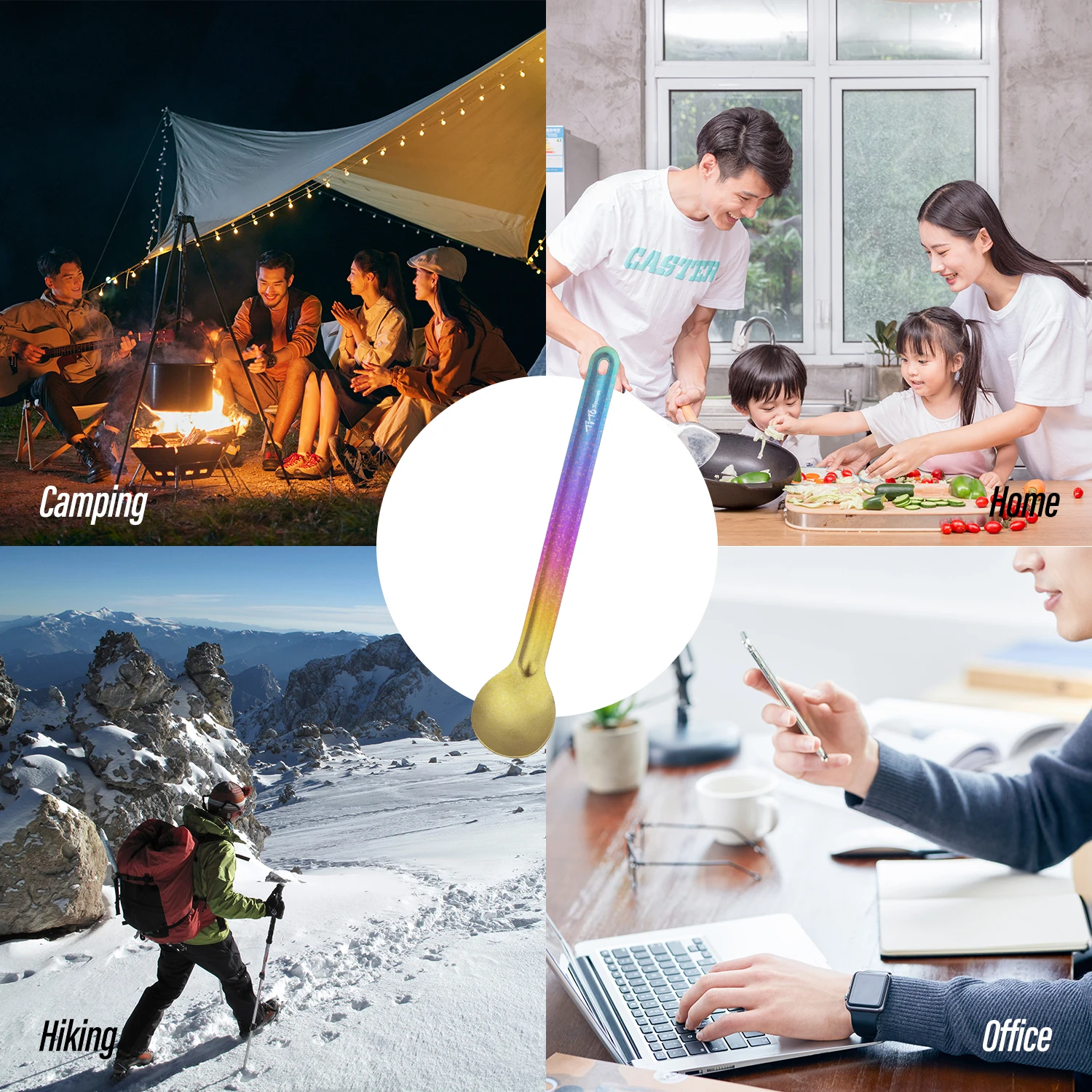 TiTo  Ultralight Portable Camping Pure Titanium Long Handle Spoon Spork Rainbow Color Tableware