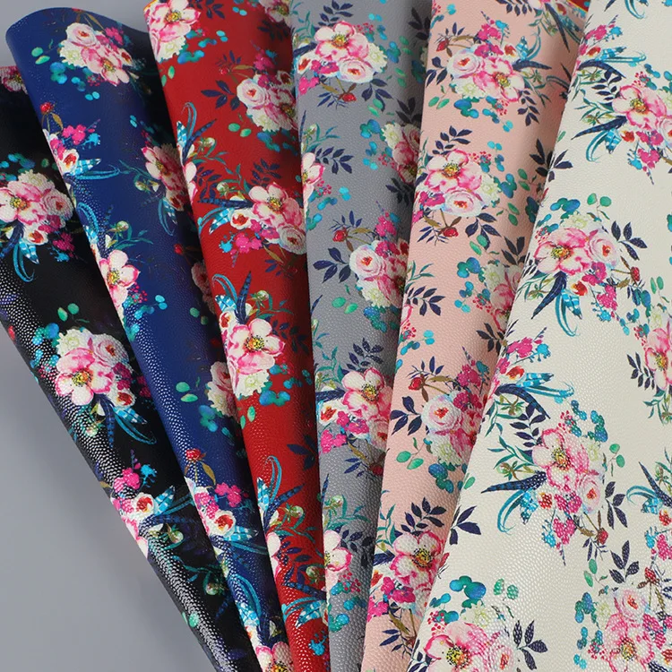 wholesale floral printed synthetic leather fabric pu designer pvc imitation leather fabric for making bags