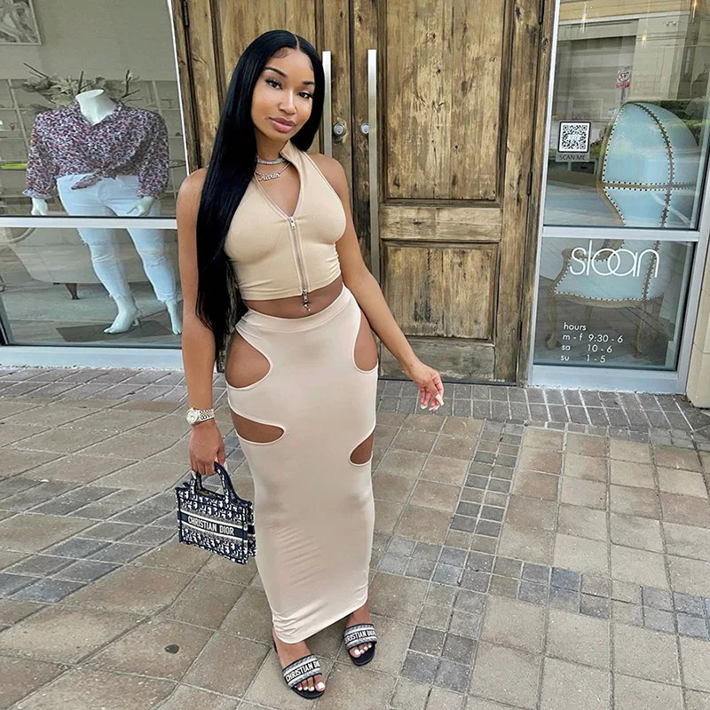 Huan Yi Summer Skinny Solid Grace Club pencil Dresses  ladies Hollow Out mini skirts and dresses