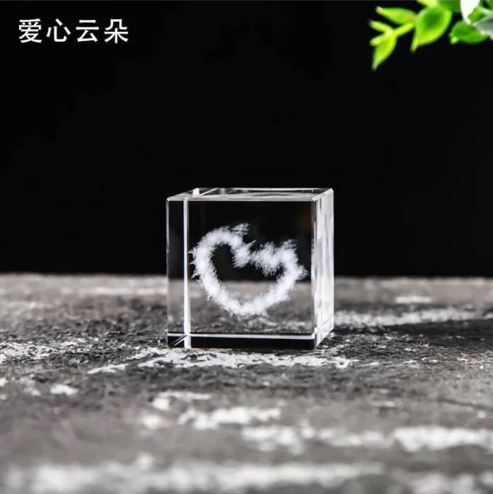 3D laser heart cloud engraved crystal block cube paperweight MH-F0594