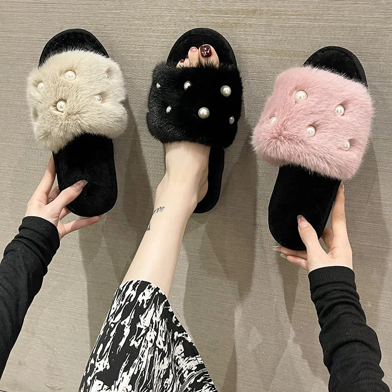 New Design Open toe Indoor women winter warm shoes slides plush flat slipper Beauty Cute fur slippers