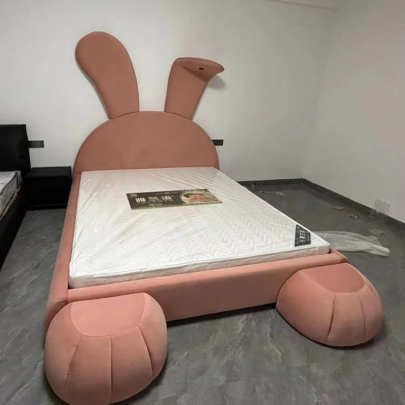 Luxury Children Bed room Furnitures Creative Animal Rabbit Shaped Child Beds The Modern Velvet Metal Frame Leg Kid Bed For Kids