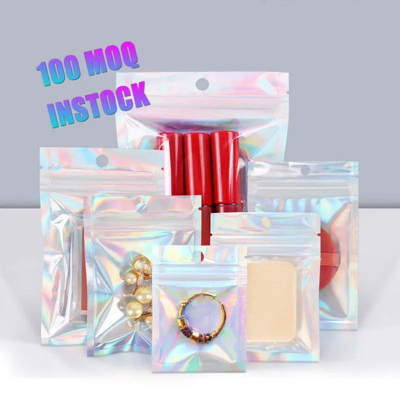 Moq 100Pcs Wholesale Holographic Foil Plastic Small Business Resealable Zip Lock Candy Makeup Jewelry Packaging Bag