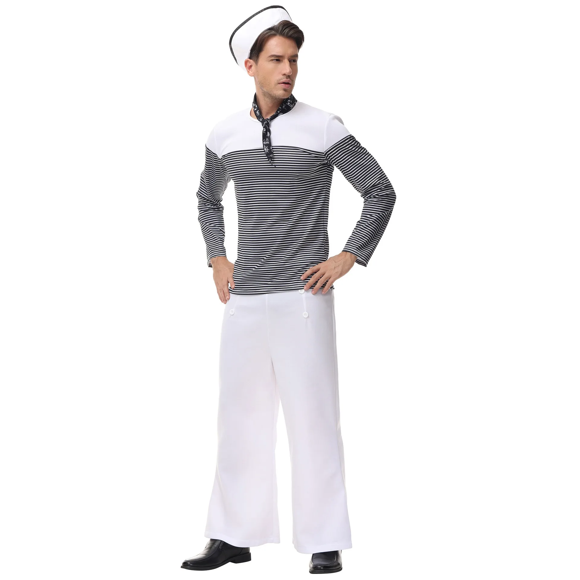 Adult Sailor Set with Black Stripes White Top Shorts Scarf White Sailor Hat Dress Costume