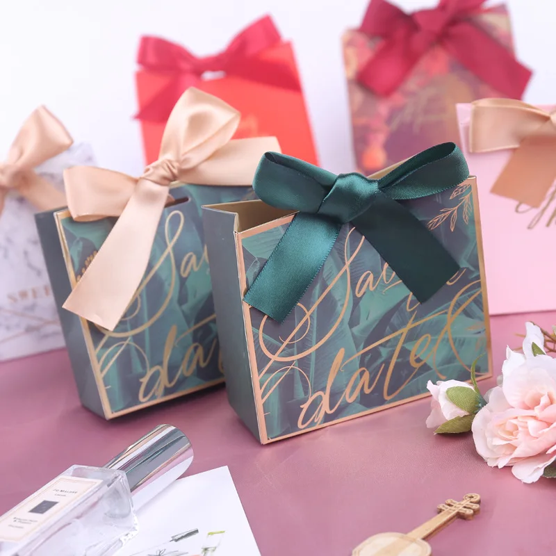 Custom Thank You Small Marble Rose Pink Green Favor Paper Gift Bag With Ribbon Bow