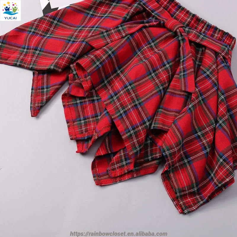 Spring Fashion Set for 12-Year-Old Girl Long Sleeve Tee Shirt and Red Plaid Skirt 2-Piece Kids Clothes Set