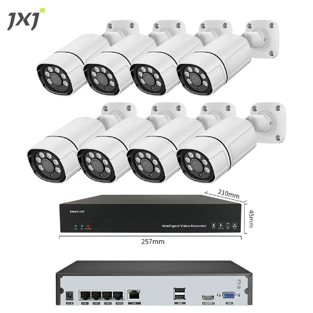 JXJ Alarm Push Message Handle Rain And Snow IP 8 Channel NVR Kits Video Playback Cctv 5mp Ultra HD Experience Camera