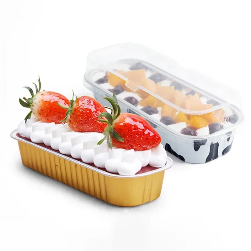 50/100pcs 200ml Aluminum Foil Baking Cake Box Rectangular Cheese Dessert Bread Packaging Cup with Lid Disposable Bakeware Mold