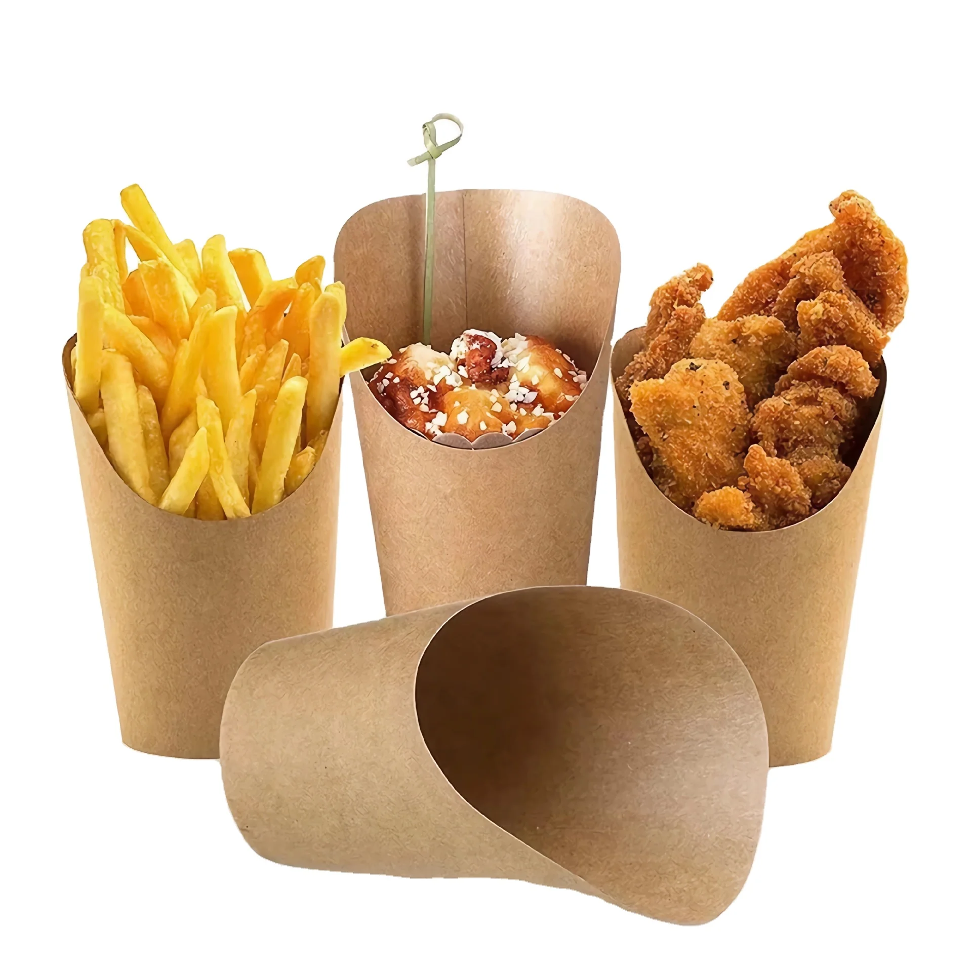 2024 Customization Kraft Paper White Black Egg Puff French Fries Cone Fried Food Bevel Cup