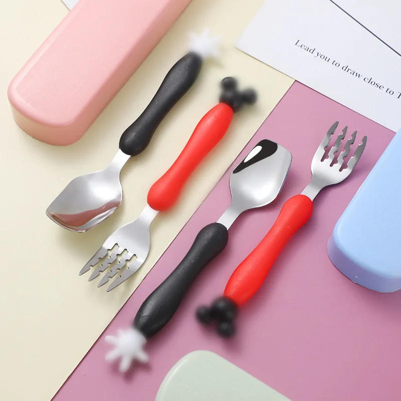Plastic Handle stainless steel Toddler Children kids tableware mickey mouse spoon fork for baby