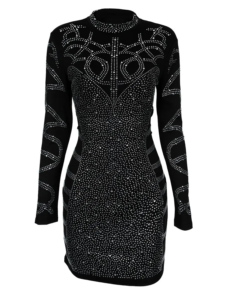 Long Sleeve High Neck Rhinestone Party Dress Bodycon Dresses
