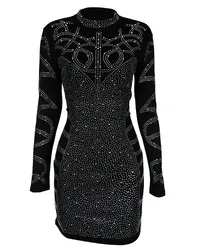Long Sleeve High Neck Rhinestone Party Dress Bodycon Dresses