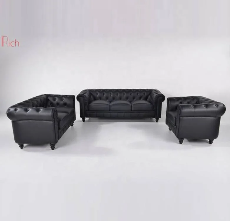 Набор семейных диванов, современная мебель для гостиной, черная стеганная мебель на пуговицах, кожаный диван для Chesterfield