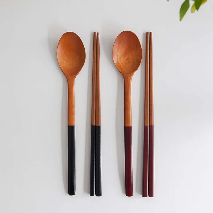 Eco-friendly reusable duo - tone wooden spoon and chopstick set round handle luxury hotel restaurant cutlery set