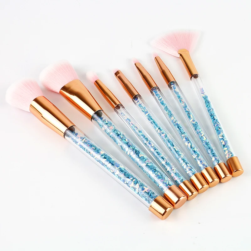 7Pcs transparent plastic handle with oil liquid glitter makeup brush set