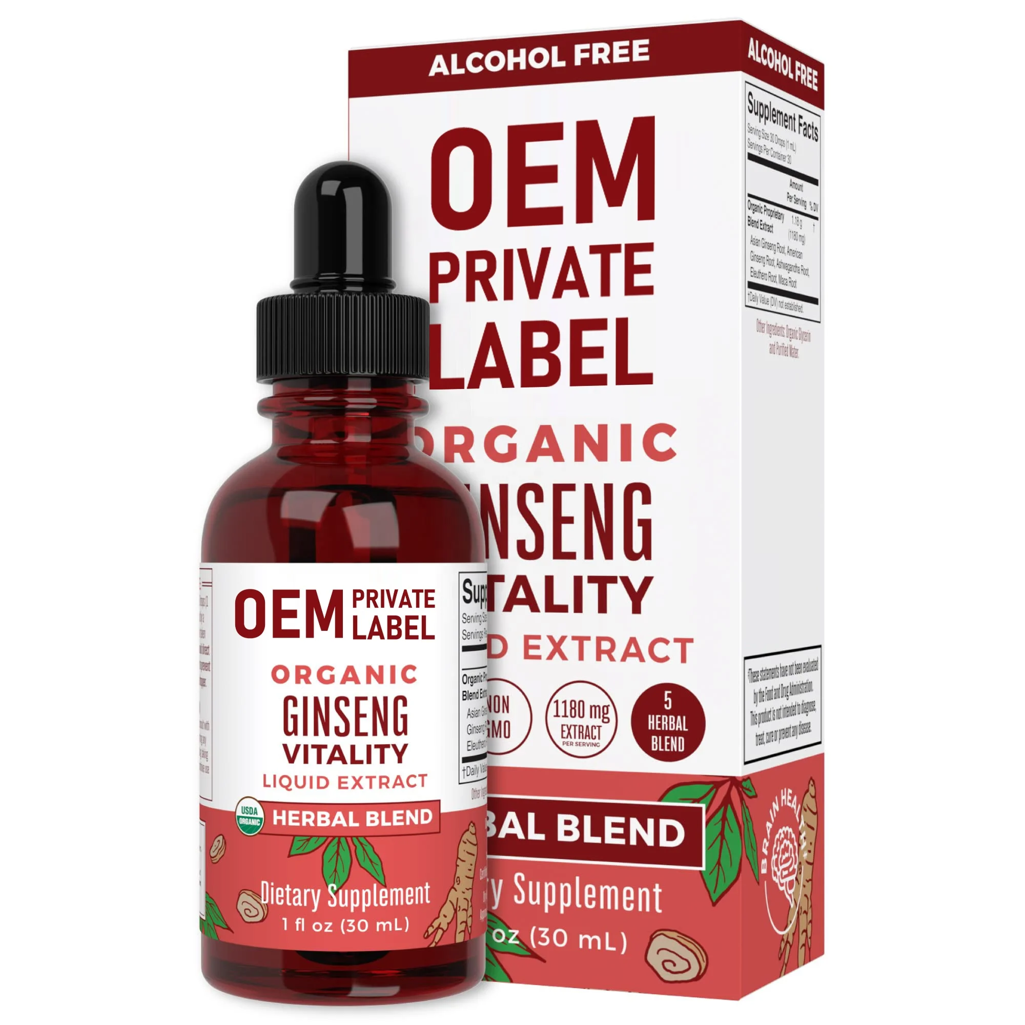 Herbal Supplement Liquid Drops for Brain Function Boost Energy Memory Ginseng with Ashwagandha Eleuthero and Maca Root Extract