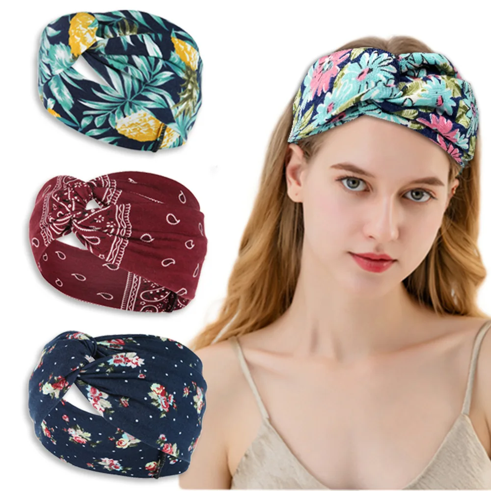 Wholesale printed Bohemian anti-slip anti-sweat twist cross knot elastic yoga exercise headband for men and women
