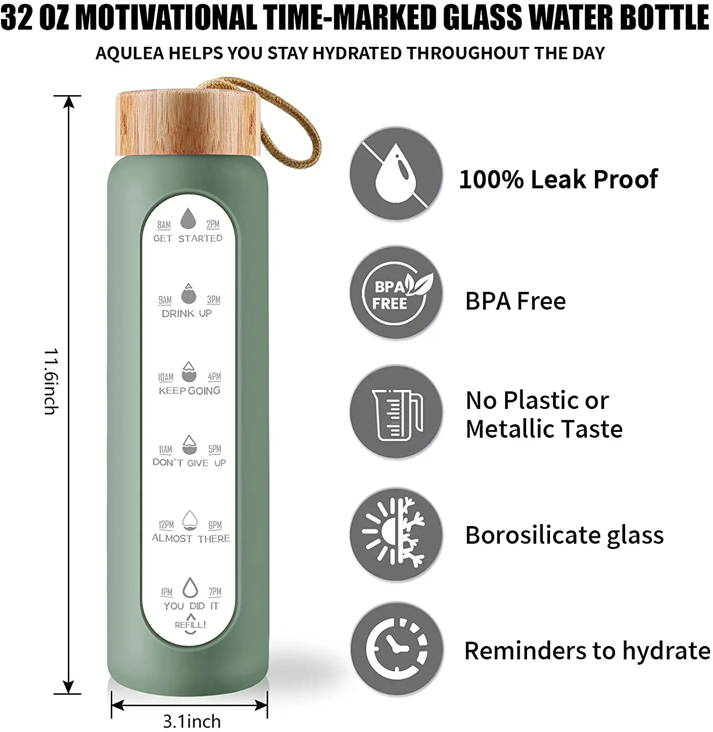 32oz Borosilicate Glass Water Bottles with Time Marker Motivational Glass Water Bottle with Silicone Sleeve and Bamboo Lid
